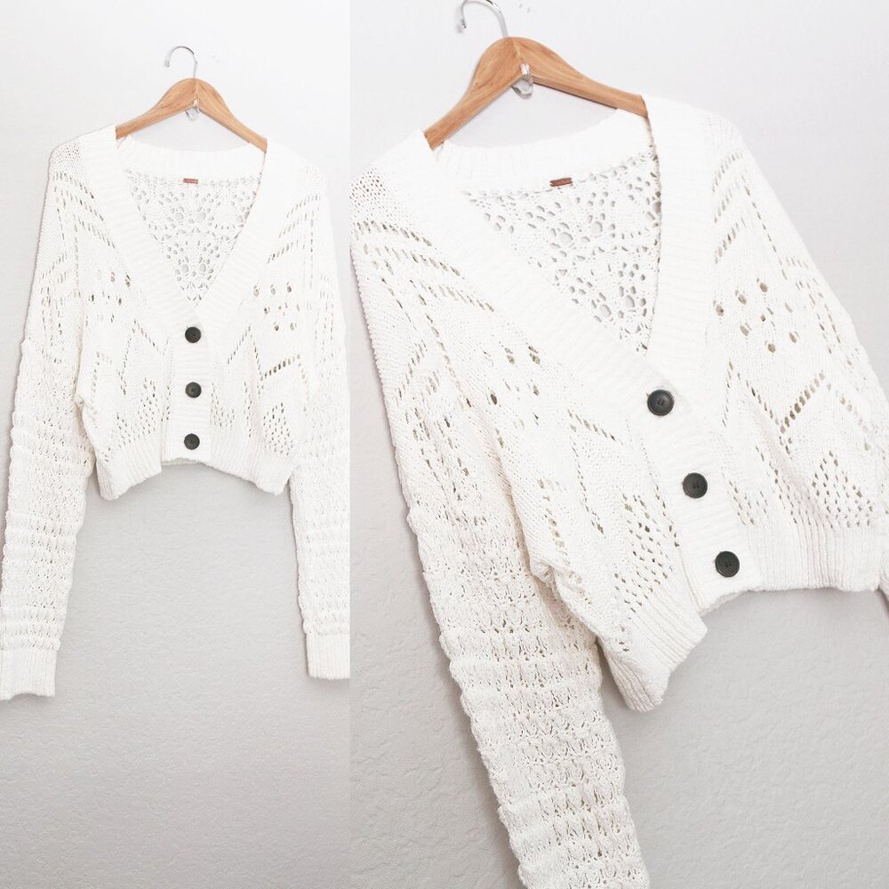 Free People Chloe Cardigan M Evening Cream White Loose Knit Cropped Sweater $128 - Picture 5 of 15